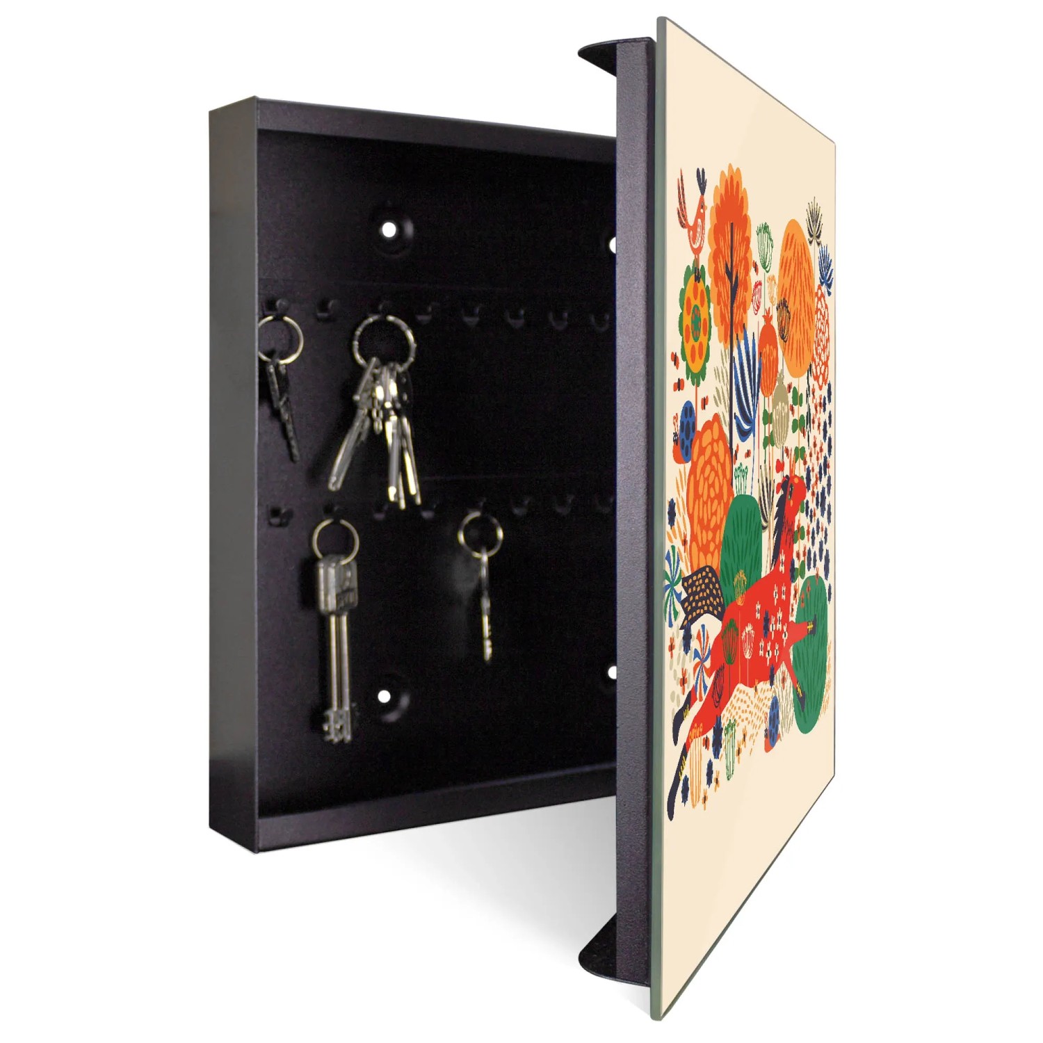 Schwarzer Schlüsselkasten mit Glasfront, Motiv rotes Pferd, 50 Haken, beschreibbar, magnetisch.