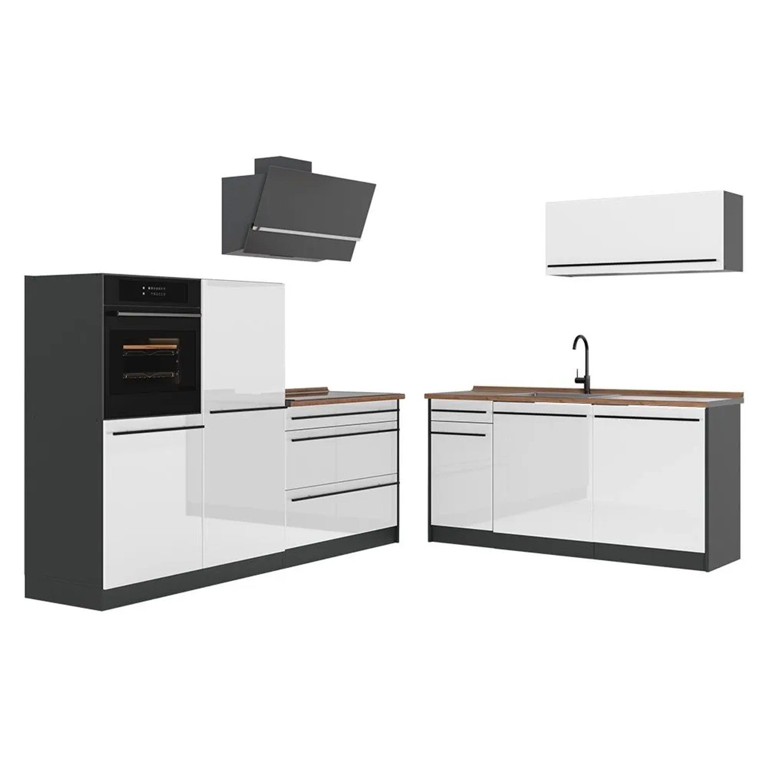 Vicco Küchenzeile R-Line Weiß Hochglanz/Anthrazit 220 x 143 Arbeitsplatte Goldkraft Eiche Art Nr 66312