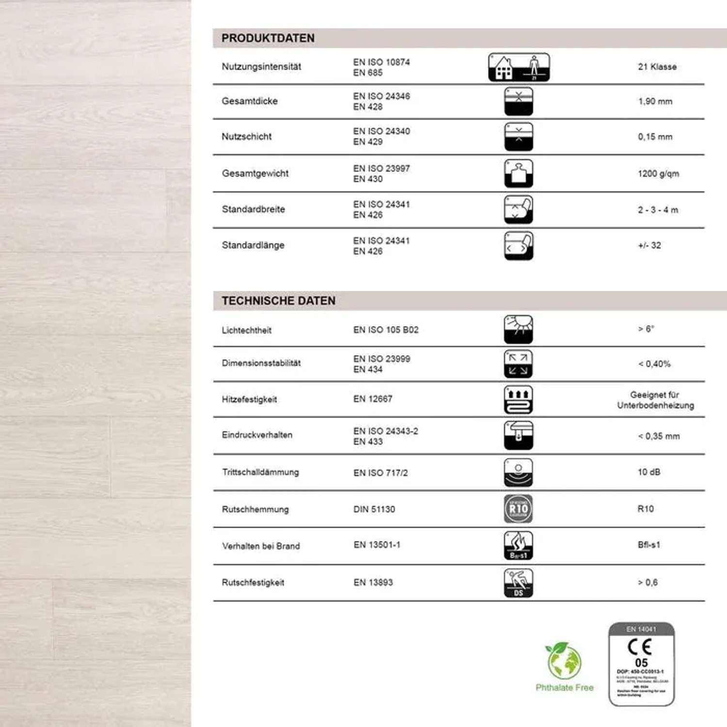 Detailansicht der technischen Daten des Karat CV Bodenbelags Atlantic Pure Oak.