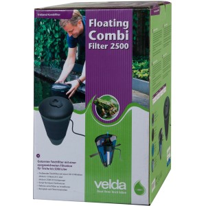 Verpackung des Velda Floating Combi Filter 2500 Teichfilter-Sets mit Pumpe und UV-C Lampe.