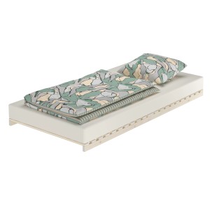 Metallfreies Fichtenholz Niederflurbett 100x200 mit Futon, Lattenrost, Kissen und Bettdecke.