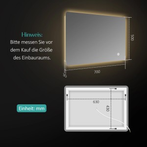 Skizze eines Emke Badspiegels LED 70x50cm mit Maßen und Hinweis zum Messen des Einbauraums.