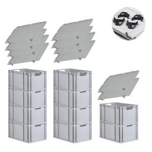 PROREGAL Spar Set: 10 Euroboxen mit Deckel und Schnappverschlüssen, grau, 65 Liter, gestapelt.