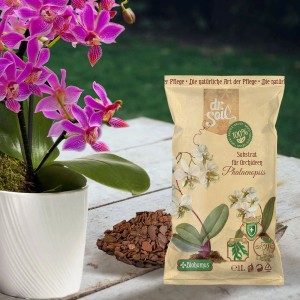 Dr.Soil Orchideensubstrat für Phalaenopsis, 1L Beutel mit Orchidee und Rindenmulch.