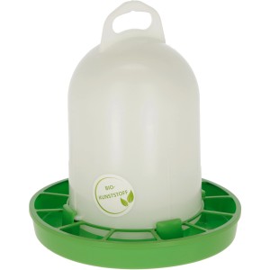 Bio-Futterautomat für Hühner, 4 kg, aus Biokunststoff, weißer Behälter mit grüner Schale.