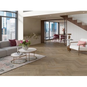 Verlegtes, graues Parador Parkett Trendtime 3 Living Plus Eiche Chalet in modernem Wohnraum.