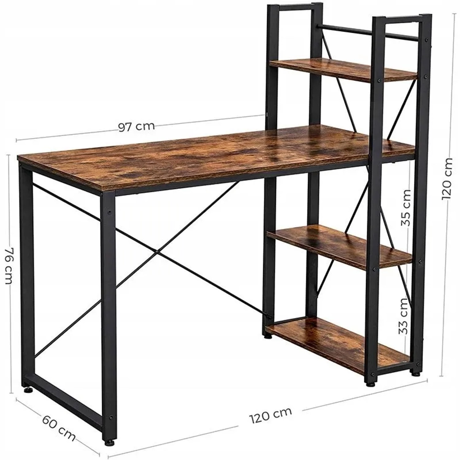 Rebiko Schreibtisch im Industrial-Look mit rustikaler Holzplatte, schwarzem Metallgestell und integrierten Regalböden.