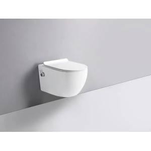 Modernes, weißes spülrandloses Glasdeals Wand-WC mit Duschfunktion und Softclose WC-Sitz aus Keramik.