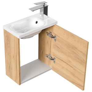 Posseik Badmöbel Pieni Slimline, 40 cm, Eiche Gold mit Waschbecken und offener Tür.