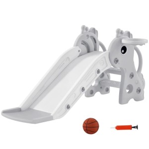 Graue und weiße Kinderrutsche mit Basketballkorb in Giraffenform, inklusive Ball und Pumpe. Ideal für Kleinkinder.