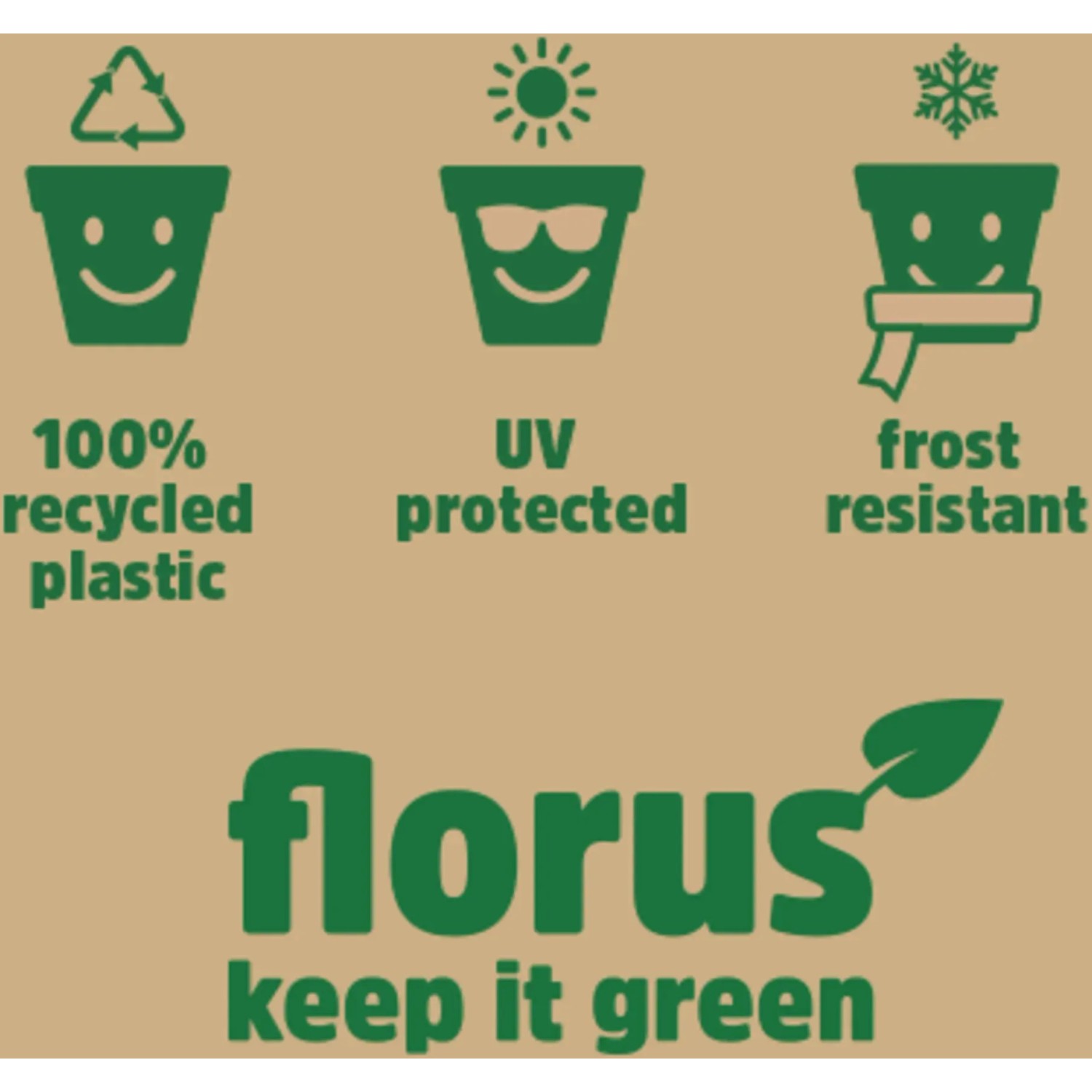 Symbole für: 100% recyceltes Plastik, UV-Schutz, Frostbeständigkeit des Elho Blumenkasten.