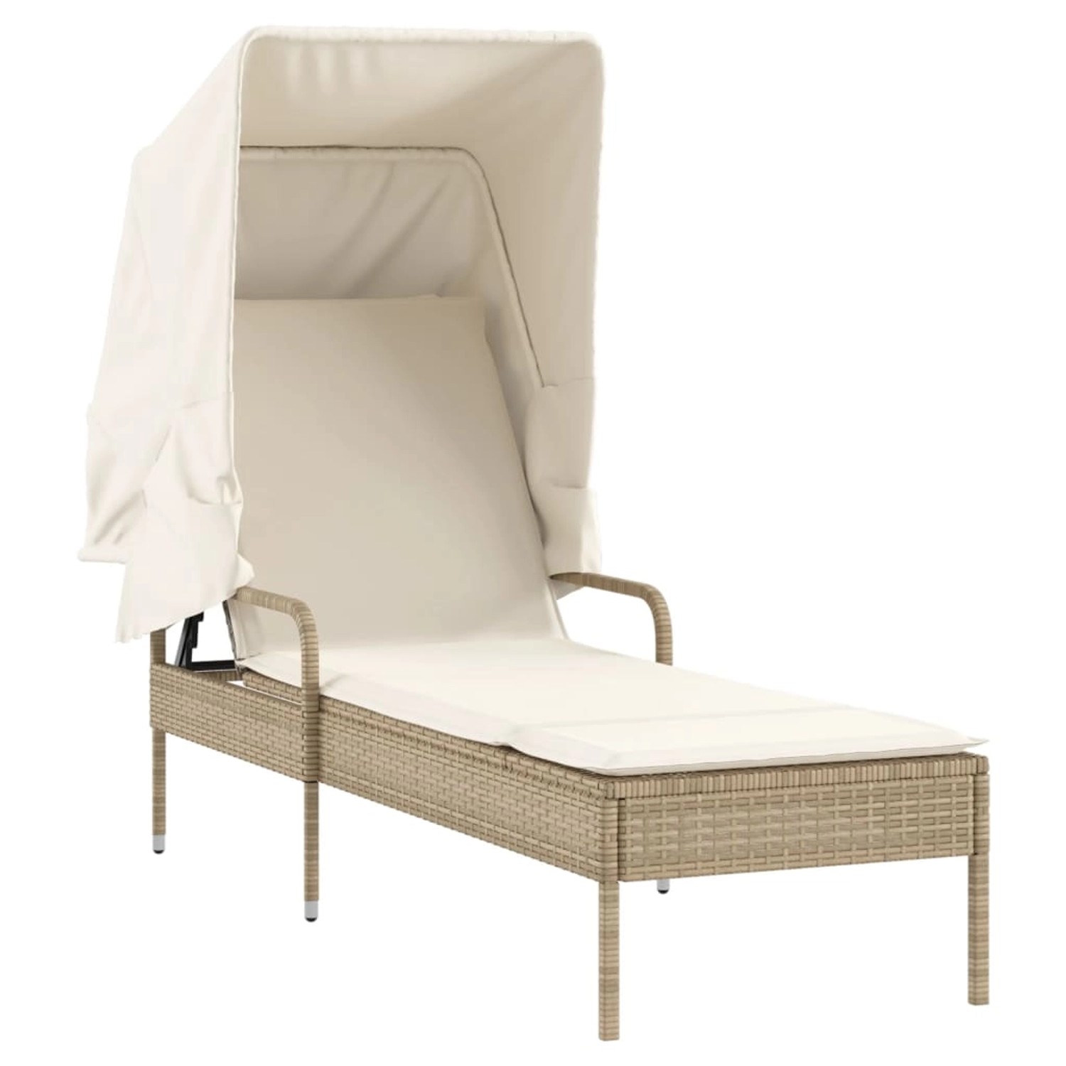 Beige vidaXL Sonnenliege mit Dach und Tisch, aus Poly Rattan, für den Garten.