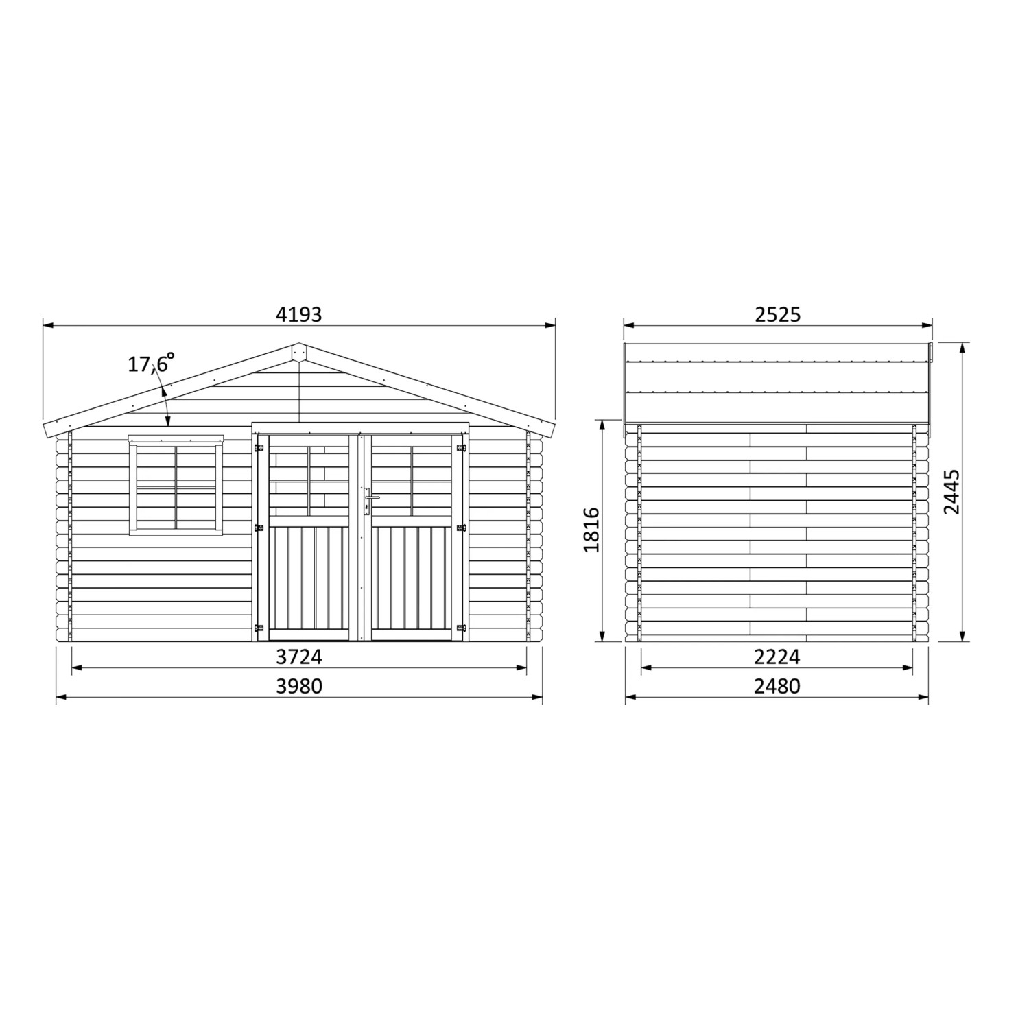 Skizze des unbehandelten Holz-Gartenhauses Gardenhouse Boreal mit Satteldach, Ansichten von vorne und von der Seite mit Maßen.