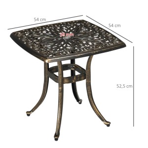 Bronzefarbener Garten Beistelltisch aus Aluminiumguss mit Vintage-Muster, Schirmöffnung und verstellbaren Füßen. 54x54x52,5 cm.
