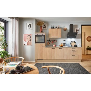 Moderne pino Küchenzeile 260 cm in Eiche Aviva mit Geräteschrank und Elektrogeräten.