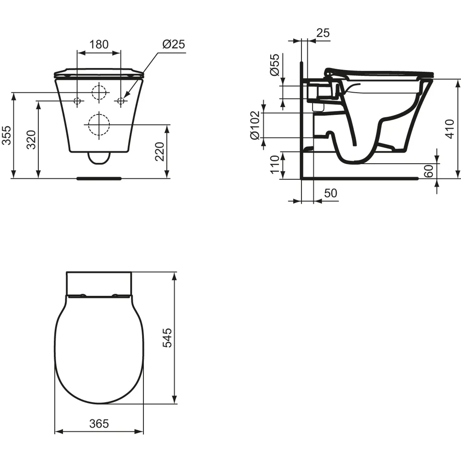 Technische Zeichnung: Ideal Standard Connect Air Wand-WC, spülrandlos, schwarz, mit Maßen.