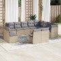 Beige vidaXL Garten-Sofagarnitur (12-tlg) aus Poly Rattan mit hellgrauen Kissen.