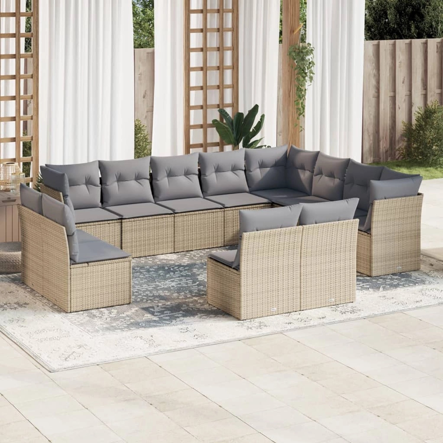 Beige vidaXL Garten-Sofagarnitur (12-tlg) aus Poly Rattan mit hellgrauen Kissen.