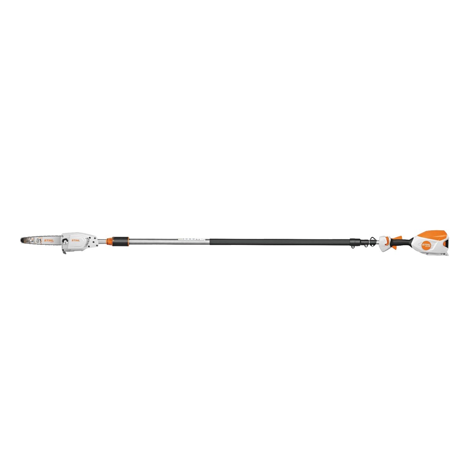 Stihl Akku-Hochentaster HTA 86, orange-grau, mit langem Teleskopschaft für Baumpflege und Astsägen.