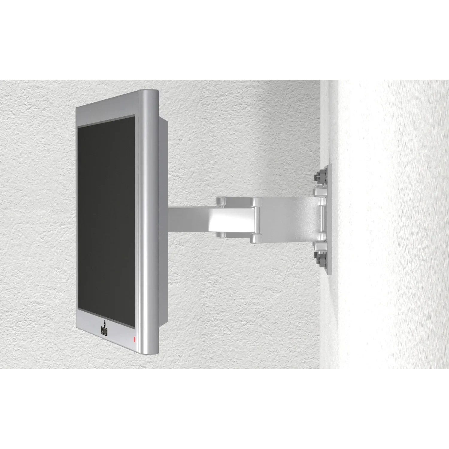 TV-Wandhalterung in Silber an weißer Wand montiert.
