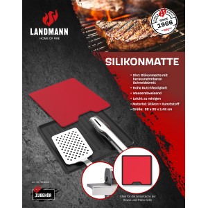 Landmann Silikonmatte mit Schneidebrett, 25 cm, rot, für Grillvorbereitung.