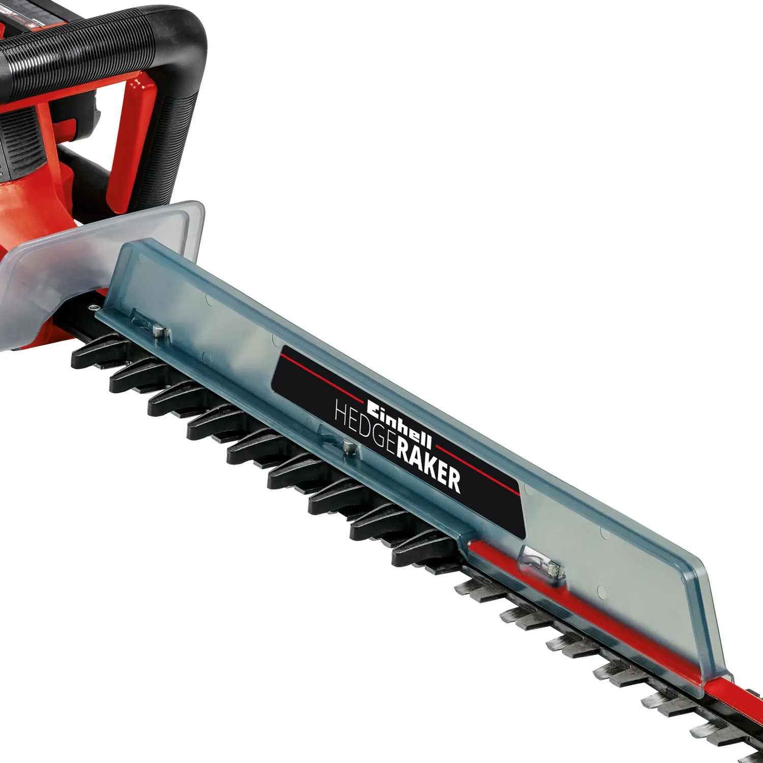 Einhell Akku-Heckenschere GE-CH 36/65 Li-Solo: Detailaufnahme der Messerklinge mit Schnittgutsammler.