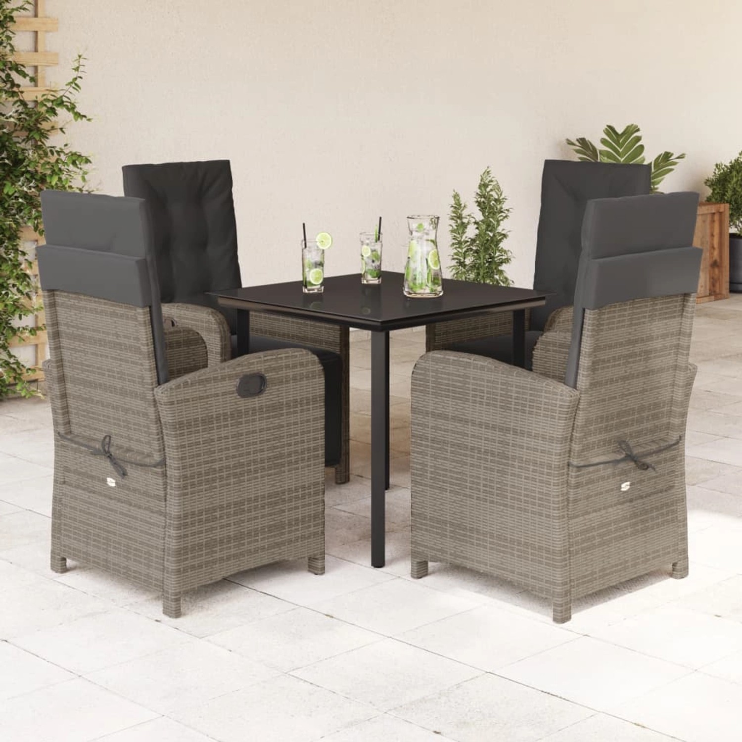 5-tlg. Garten-Essgruppe Grau Poly Rattan mit Tisch und Sesseln mit Kissen.