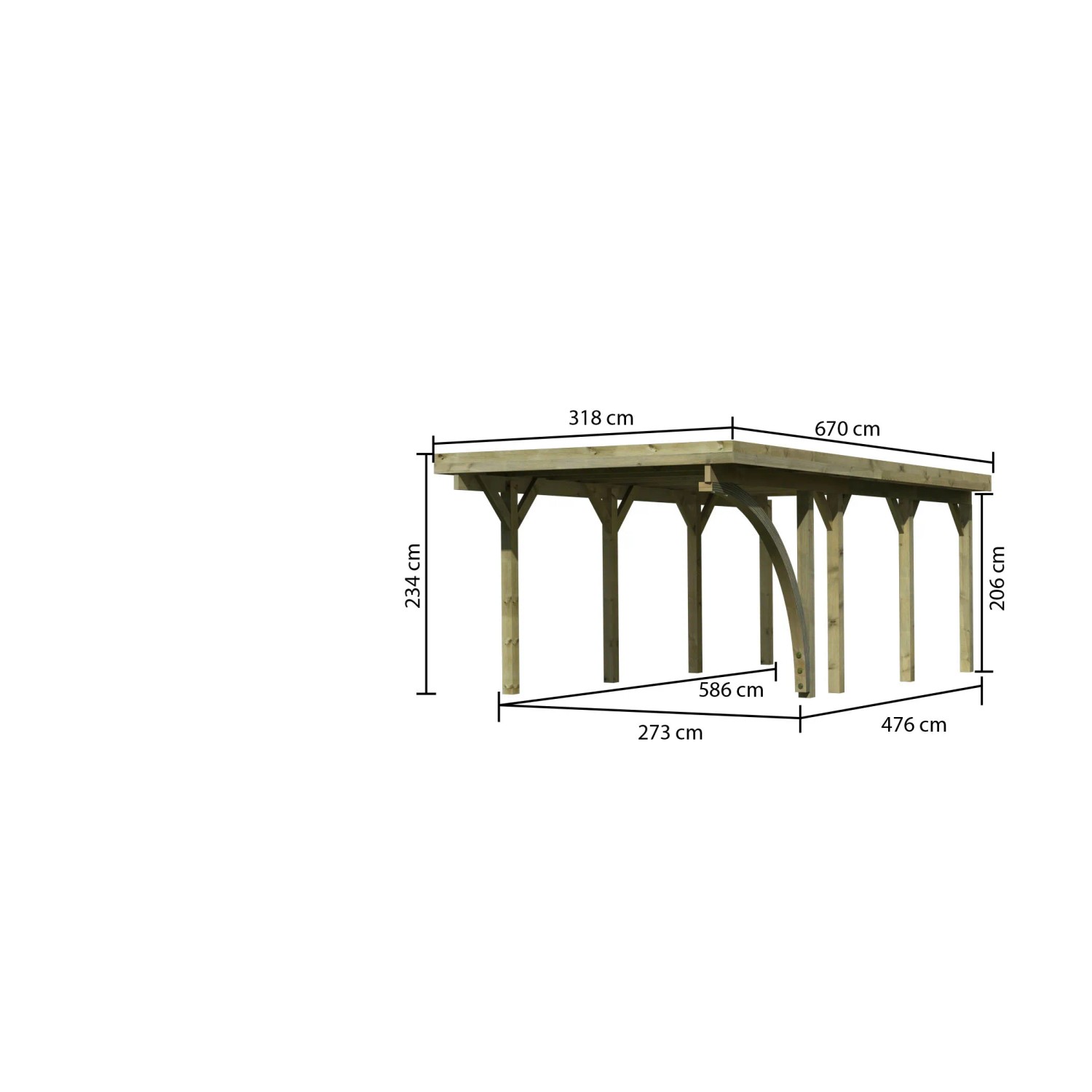 Abbildung des Karibu Einzelcarports Classic mit Maßangaben.
