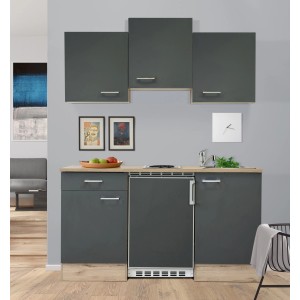 Flex-Well Singleküche Morena, 150 cm, Basaltgrau/San Remo Eiche, mit Kühlschrank und Kochfeld.