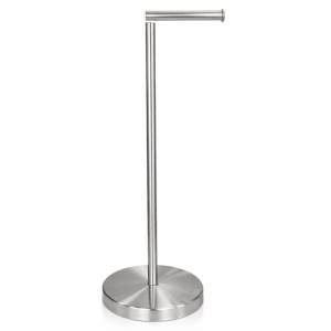 Freistehender Toilettenpapierhalter aus Metall in Chrom-Optik mit stabilem Standfuß und Halterung für Ersatzrollen.