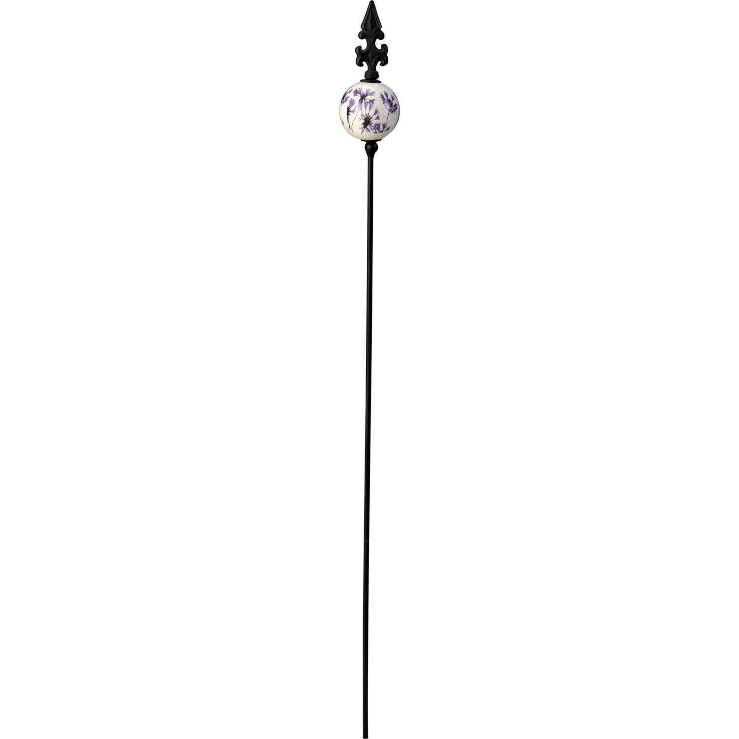 Gartenstecker mit Keramik-Kugel (71 cm) mit Blumenmuster als Gartendekoration.
