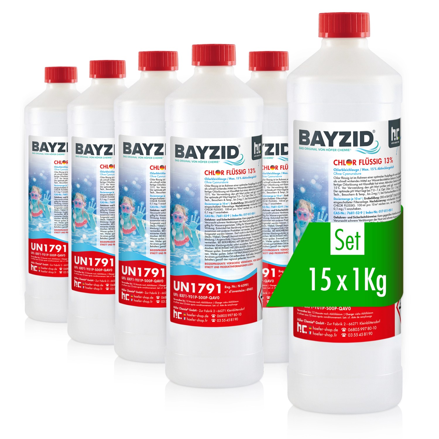 Set: 15 Flaschen Bayzid Chlor 13% Flüssig für Pools, je 1 kg. Pool Desinfektion.