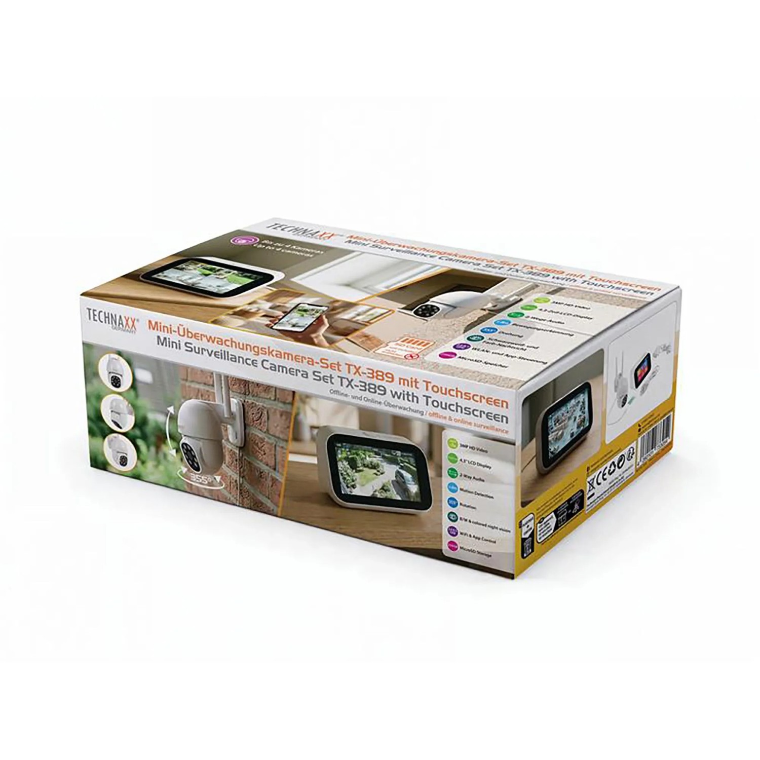 Technaxx Mini-Überwachungskamera-Set TX-389 mit Touchscreen. Produktverpackung zeigt Kamera, Monitor und App-Ansicht.