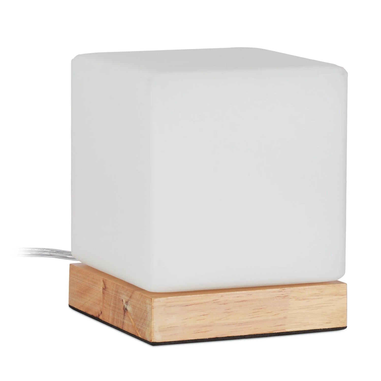 Relaxdays Tischlampe Würfel Milchglas Weiß mit Holzfuß 15 x 12 x 12 cm 0,75 kg
