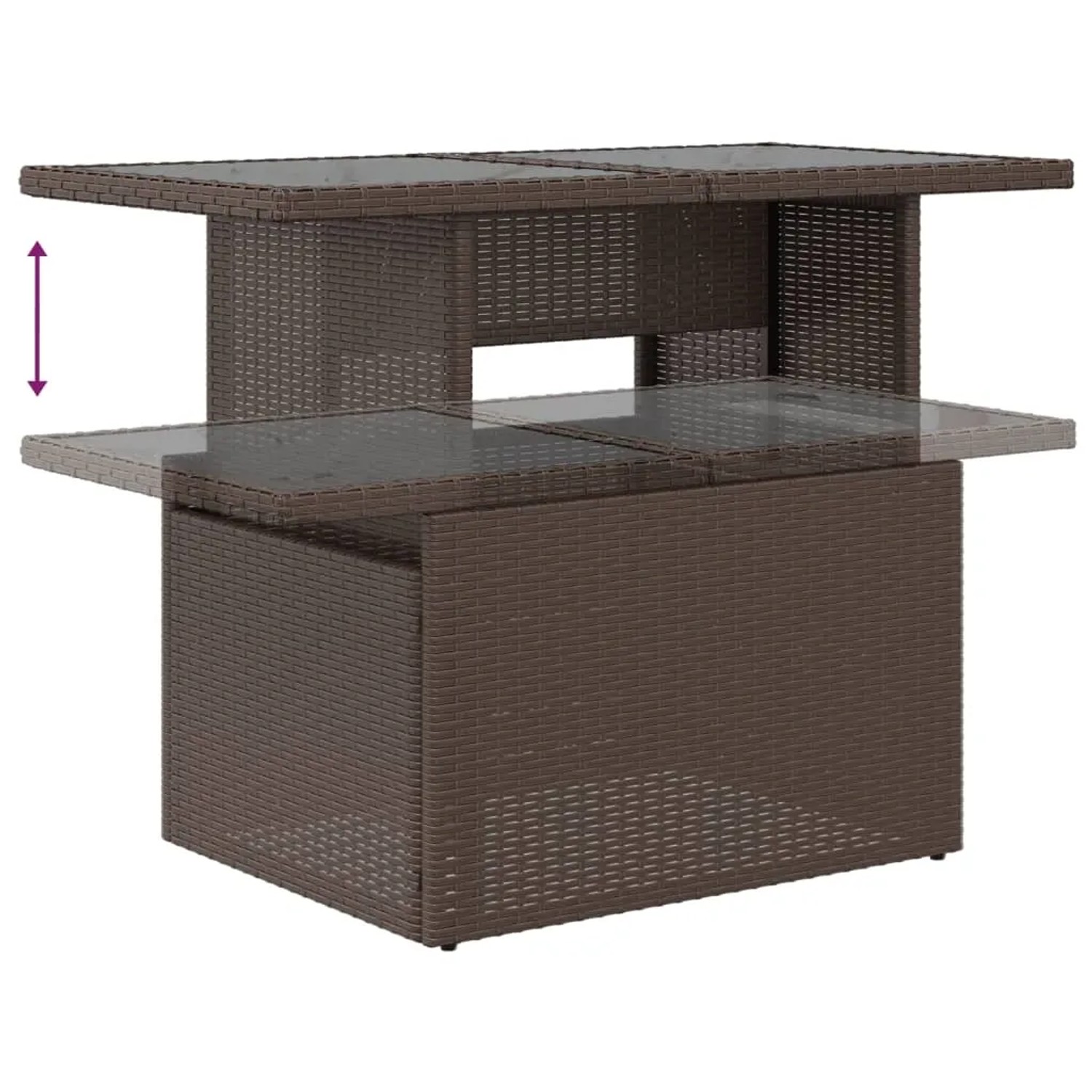 Verstellbarer Gartentisch aus braunem Rattan mit Glasplatte, Teil der vidaXL Garten-Sofagarnitur.