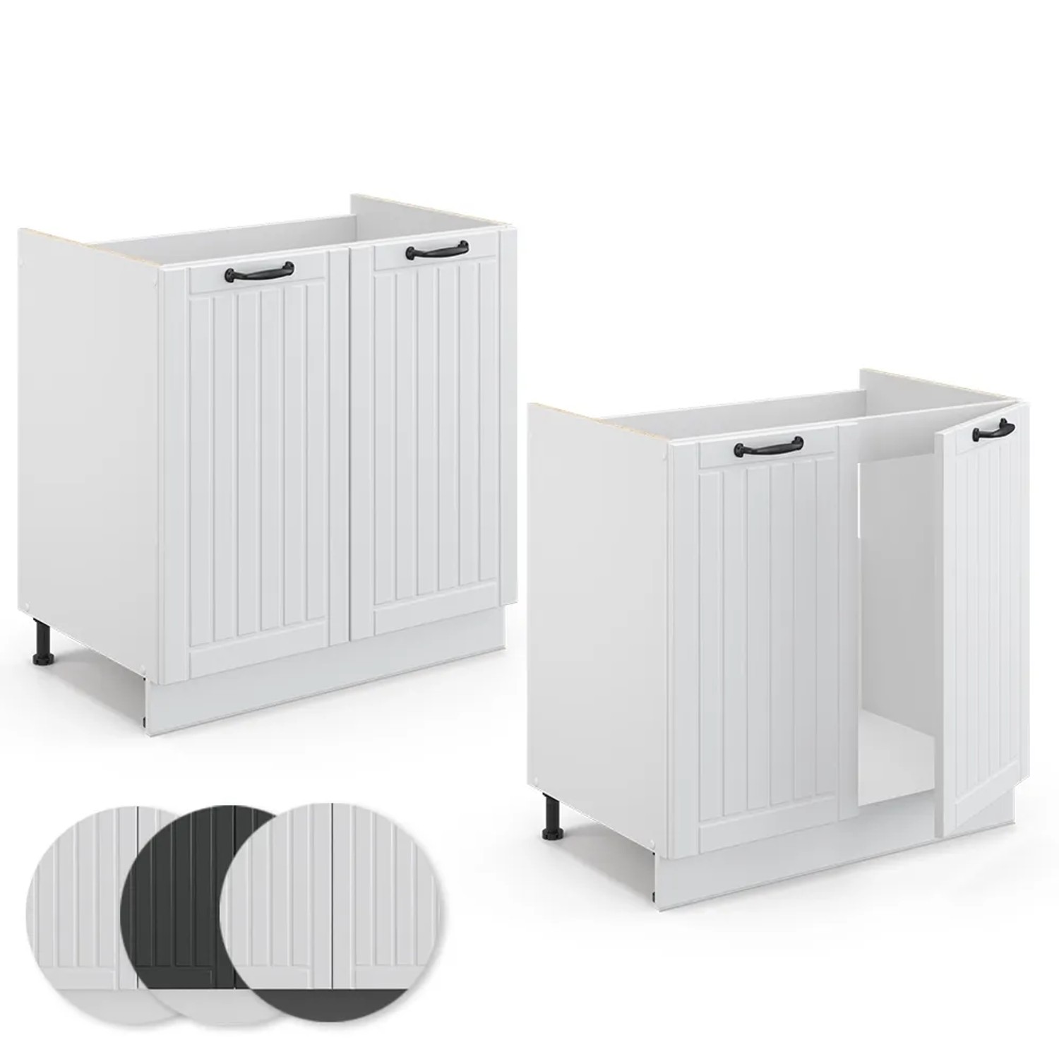 Vicco Spülenunterschrank Fame-Line, Landhausstil, 80 cm breit, weiße Front, anthrazitfarbene Arbeitsplatte.