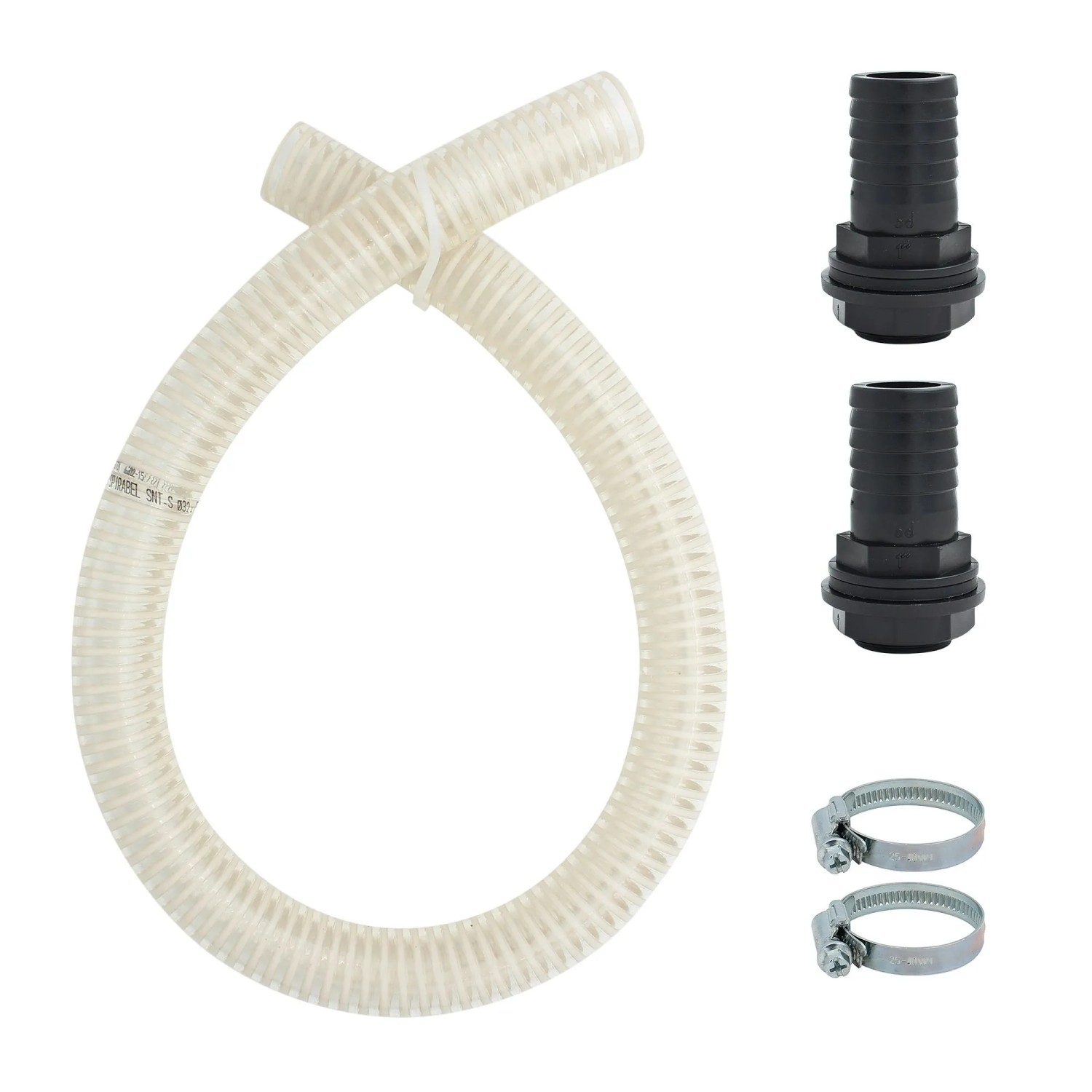 Überlauf-Tankverbinderset 32mm mit Schlauch, Tankdurchführungen und Schlauchschellen für Regentonnen.