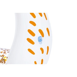 Detailaufnahme: Weißer Bestway Schwimmring mit Glitzer und orangen Punkten, Ventil sichtbar.