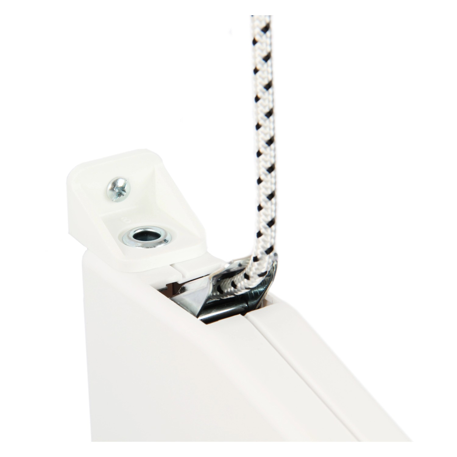 Detailaufnahme des weißen Selve Aufputz Schnurwicklers mit 5m Schnur für Rollladensteuerung.