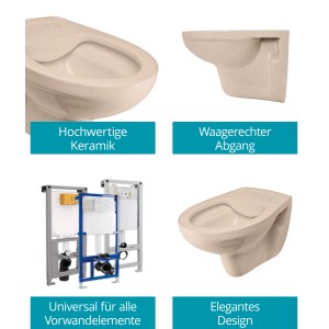 Calmwaters Wand-WC Bahamabeige, spülrandlos, Tiefspüler. Detailansichten und Vorwandelement.