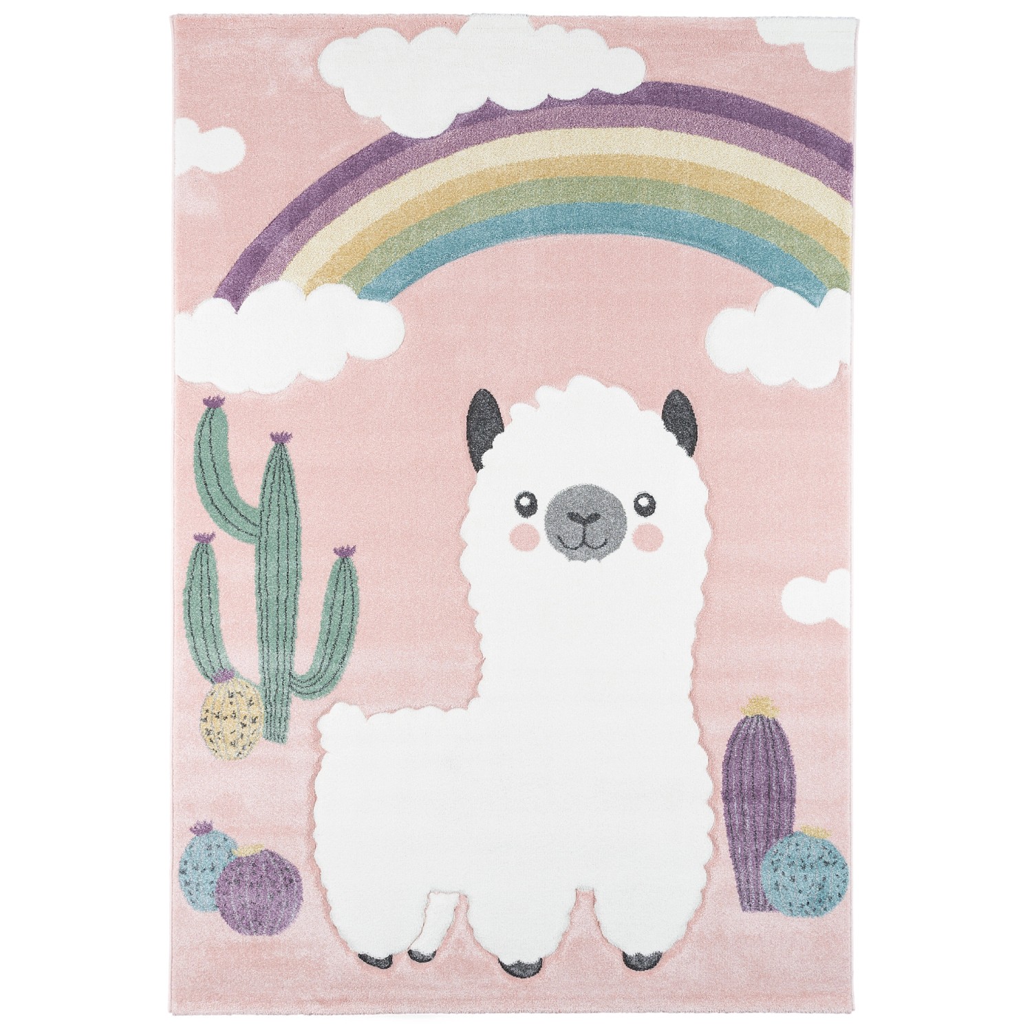 Bunter Kinderteppich mit Alpaka, Regenbogen und Kakteen, 140x200cm.