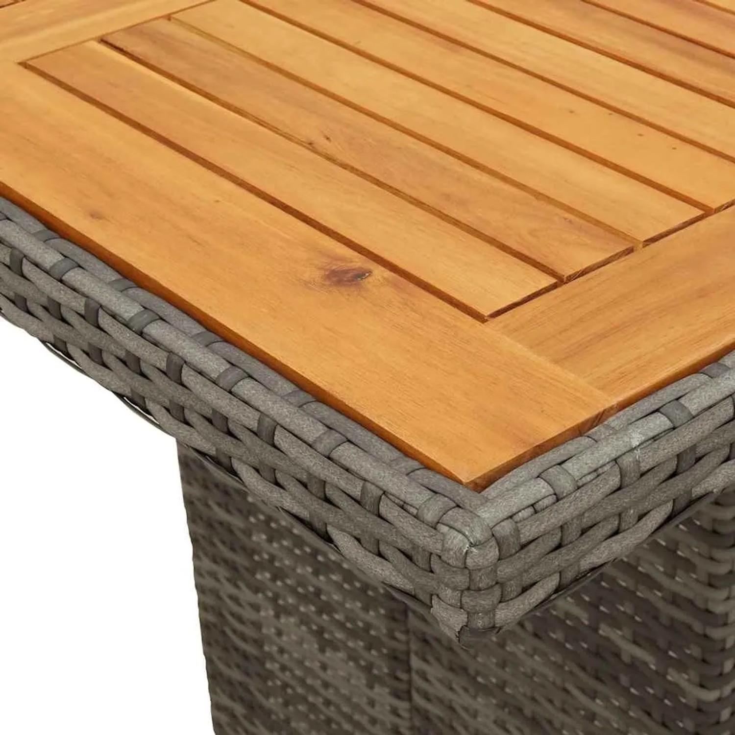 Detailansicht: vidaXL Garten-Essgruppe, Tischplatte aus Akazienholz, graues Poly Rattan Geflecht.