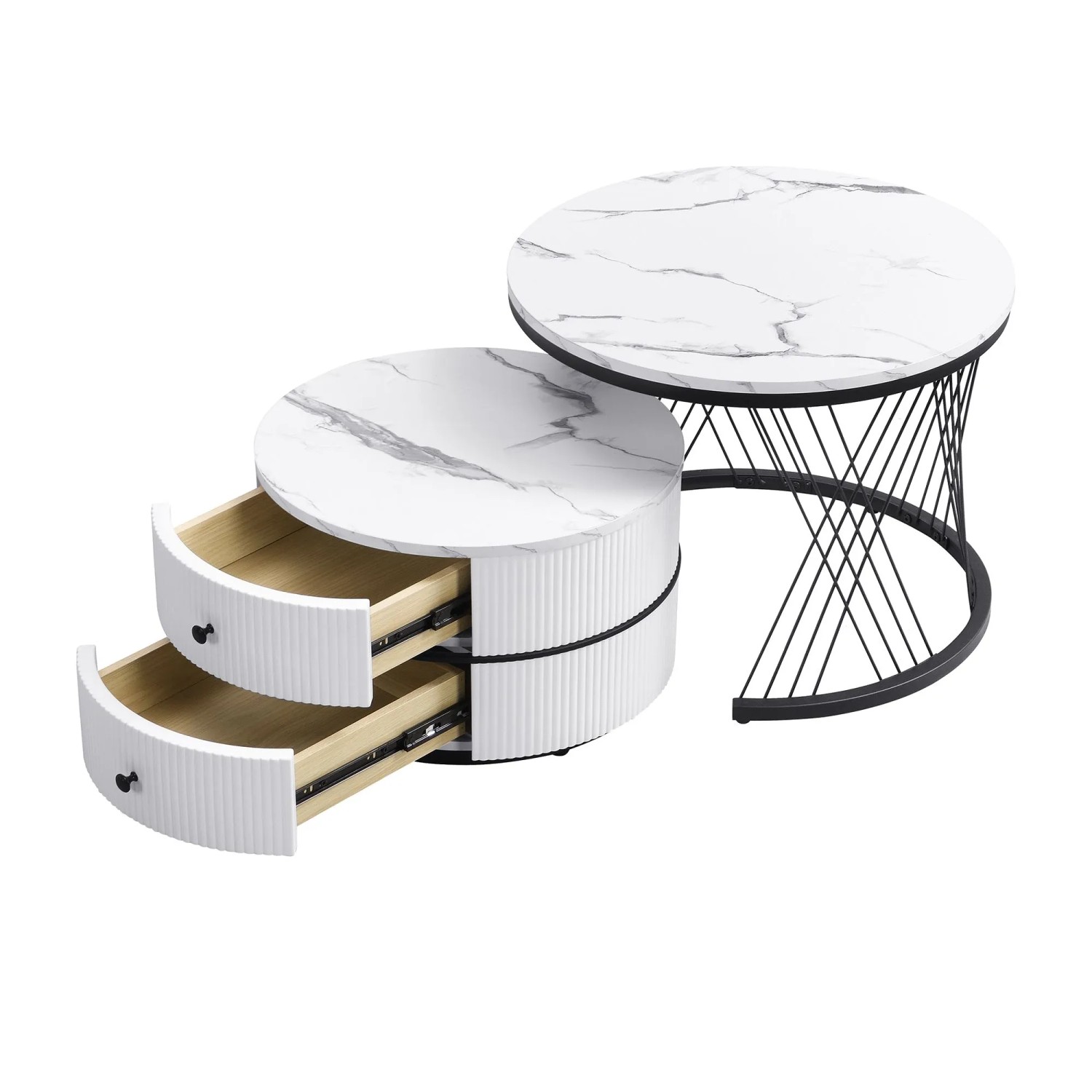 okwish Couchtisch Set mit Marmoroptik Schubladen Nesting 60x60x46cm 50x50x31cm Schwarz