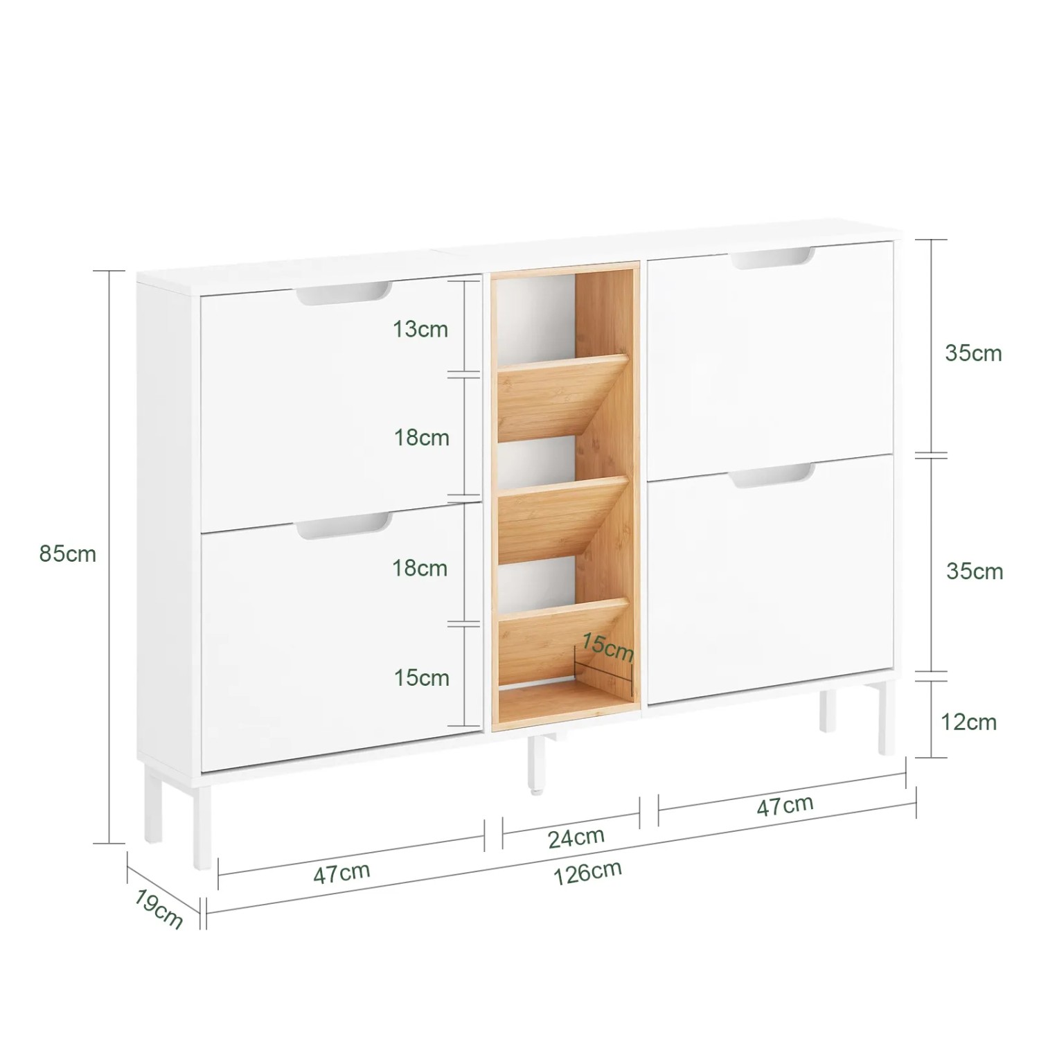 Weißer SoBuy Schuhschrank mit 4 Klappen und 3 Bambusfächern. Schmaler Schuhkipper (126x85x19cm) für Flur.