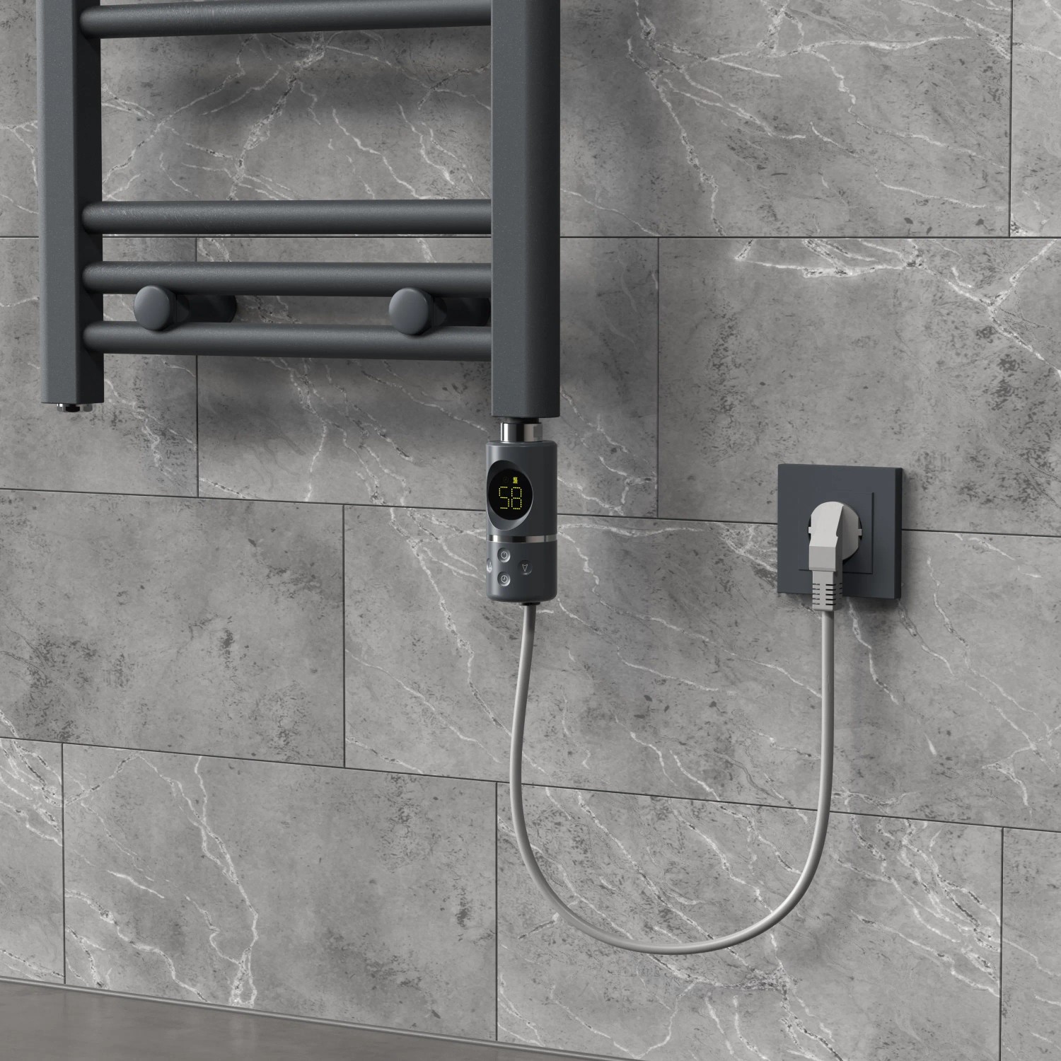 LuxeBath Heizstab 600W Anthrazit mit Thermostat und LCD-Display am Badheizkörper.