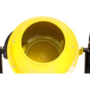 Gelb-schwarzer Güde Betonmischer GBM 130, Trommelansicht.