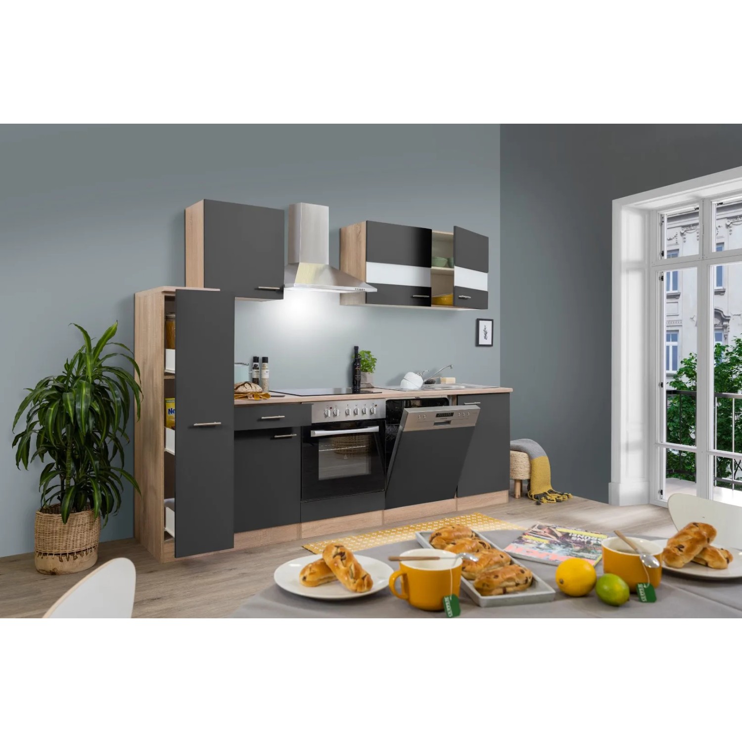 Respekta Küchenzeile KB250ESGC, 250 cm, Grau-Eiche Glänzend, mit E-Geräten.