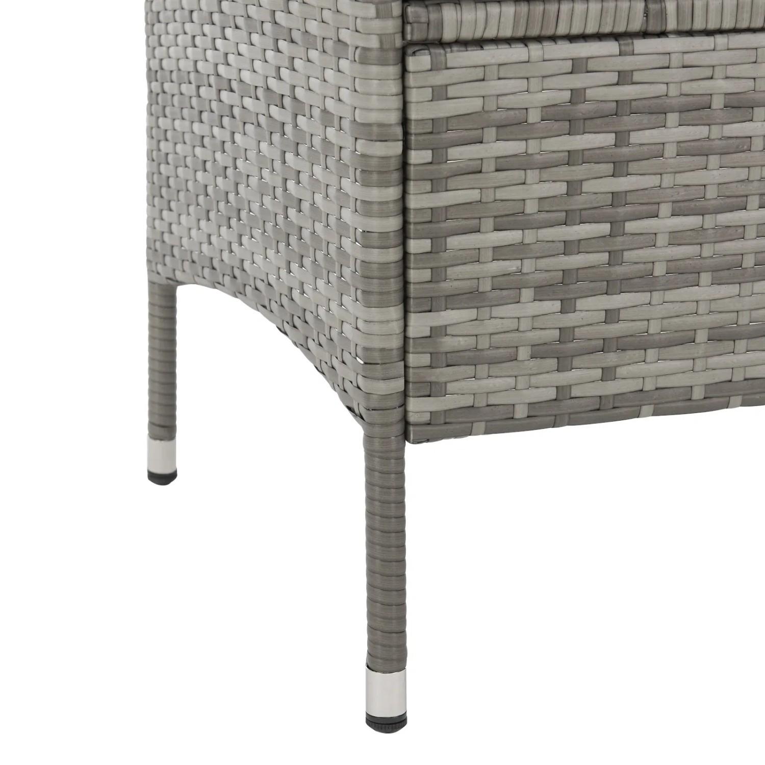 Detailansicht der grauen Svita Chicago Rattanbank: Fokus auf das Polyrattan-Geflecht und die Füße.