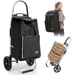 Sekey Einkaufstrolley mit Kühlfach, als Rucksack und beladen mit Kartoffeln.