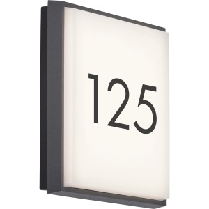 Quadratische AEG LED-Wandleuchte Letan in Anthrazit mit Hausnummer.